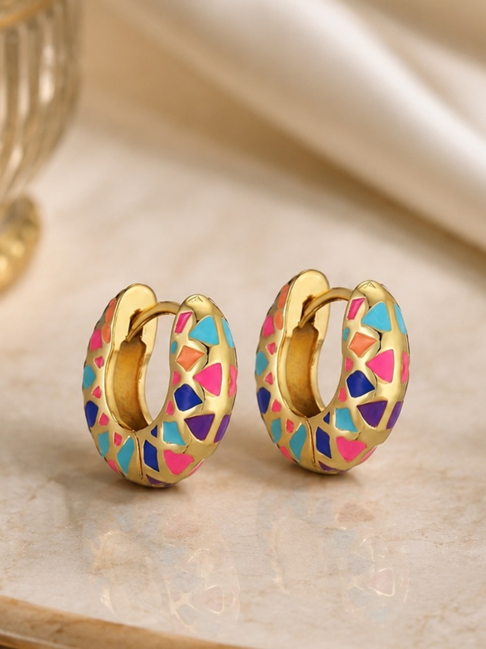 Vibrant multicolor Geometric Enamel Huggie Hoop Earrings